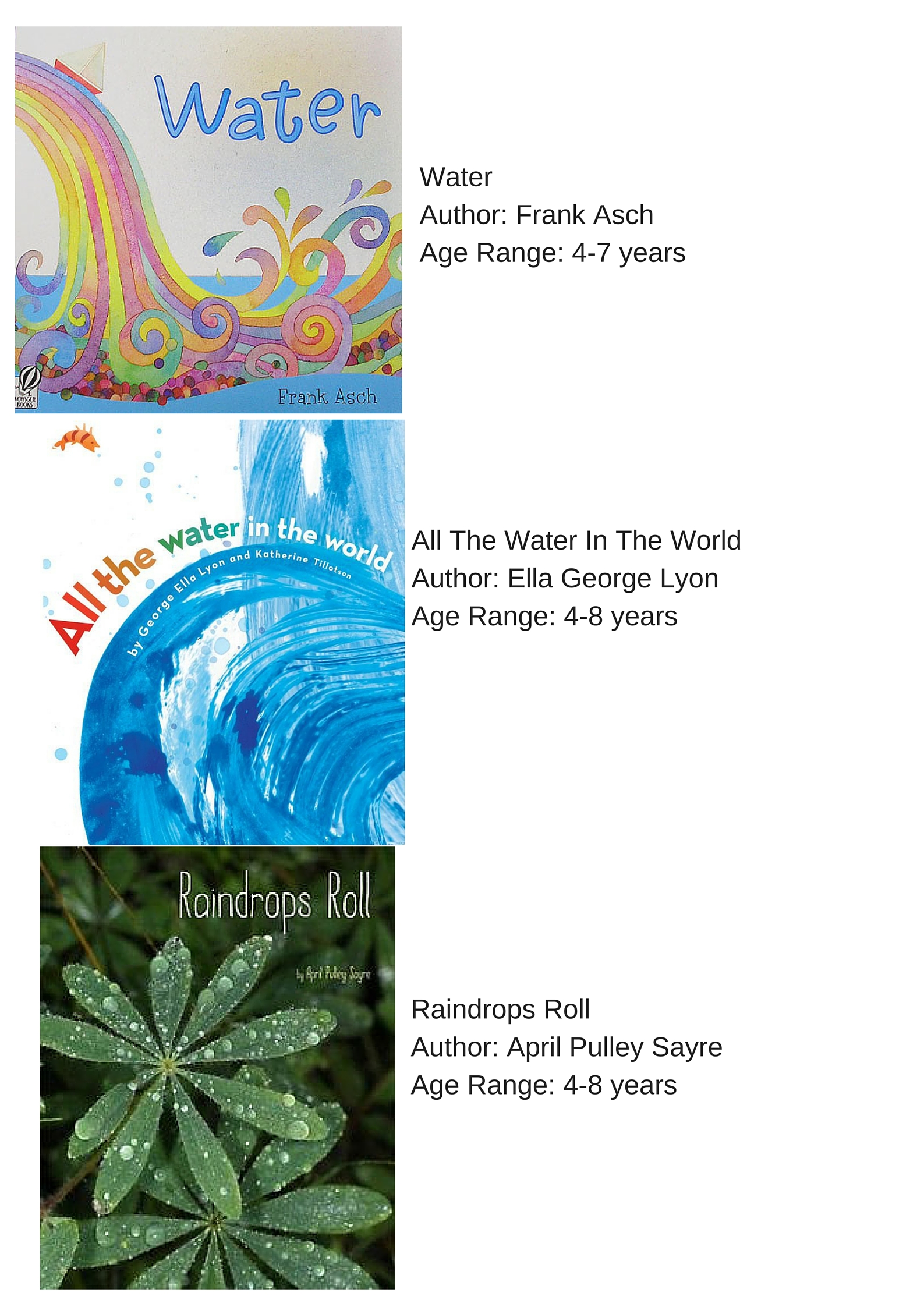 Water by Frank Asch (for age 4-7),
All the Water in the World by Ella George Lyon (for age 4-8),
Raindrops Roll by April Pulley Sayre (for age 4-8)