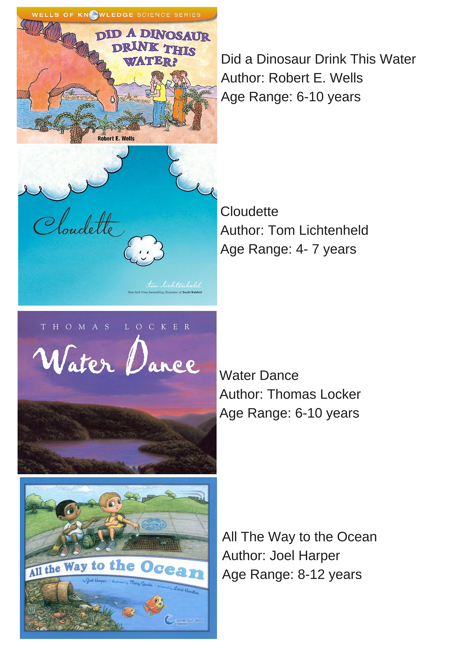 Did a Dinosaur Drink This Water by Robert E. Wells (for age 6-10),
Cloudette by Tom Lichtenheld (for age 4-7),
Water Dance by Thomas Locker (for age 6-10),
All the Way to the Ocean by Joel Harper (for age 8-12)