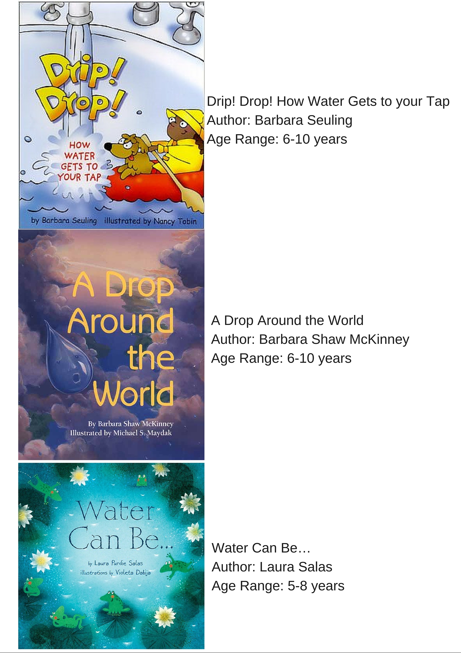 Drip! Drop! How Water Gets to your Tap by Barbara Seuling (for age 6-10),
A Drop Around the World by Barbara Shaw McKinney (for age 6-10),
Water Can Be... by Laura Salas (for age 5-8)